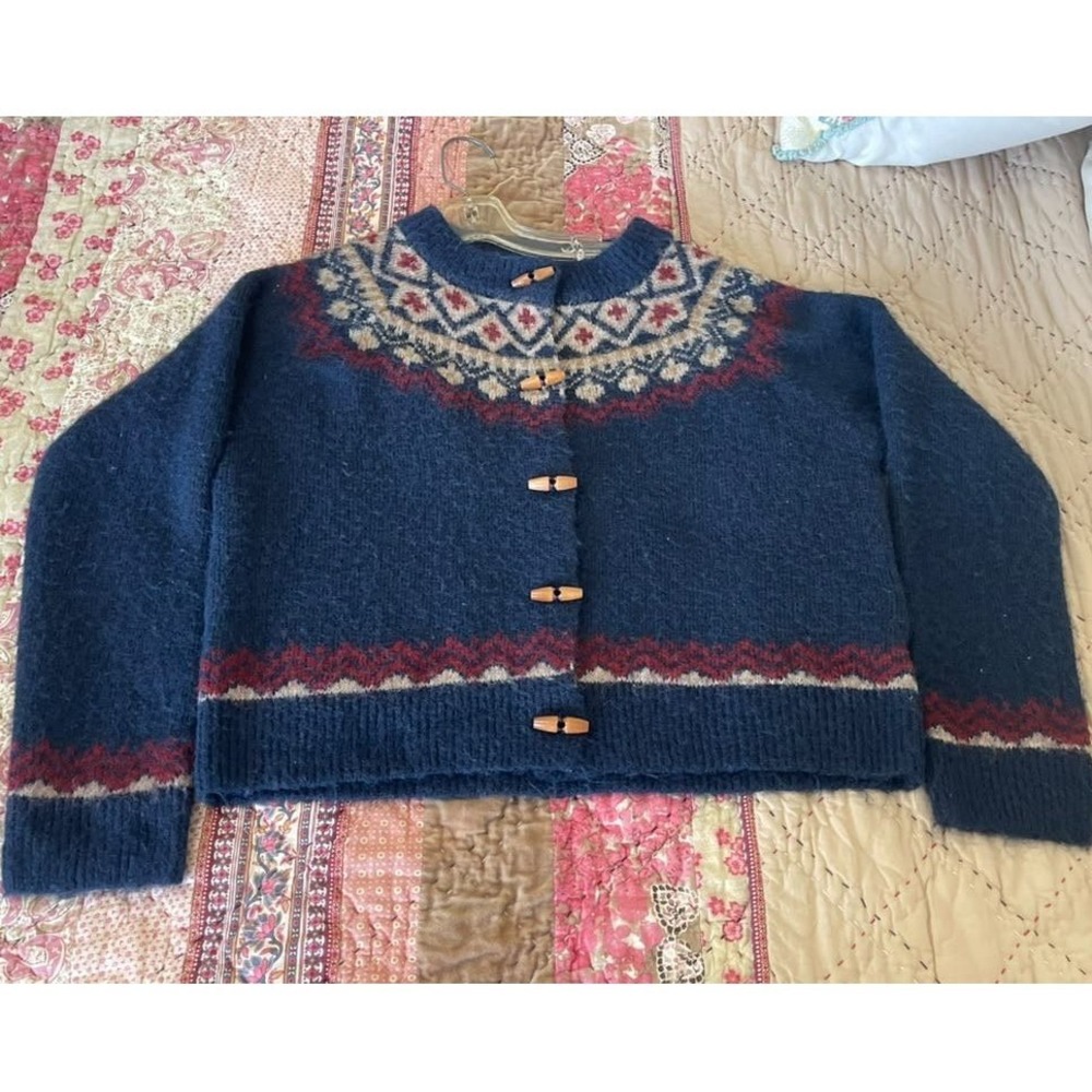 Blu Pepper Blue Fair Isle Toggle Button Cardigan Sweater wool blend Boho Fall